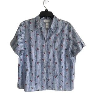 Alfred Dunner Blue & White Striped Cherries Short Sleeve Button Up Large Petite